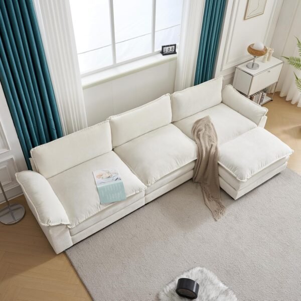 Karl home Sectional Sofa Modular Deep Seat Sofa Couch with Ottoman, Chenille Sofa Sleeper Comfy Upholstered Furniture for Living Room, Apartment, Studio, Office, (3-Seat & 1-Ottoman, Beige) - Image 5