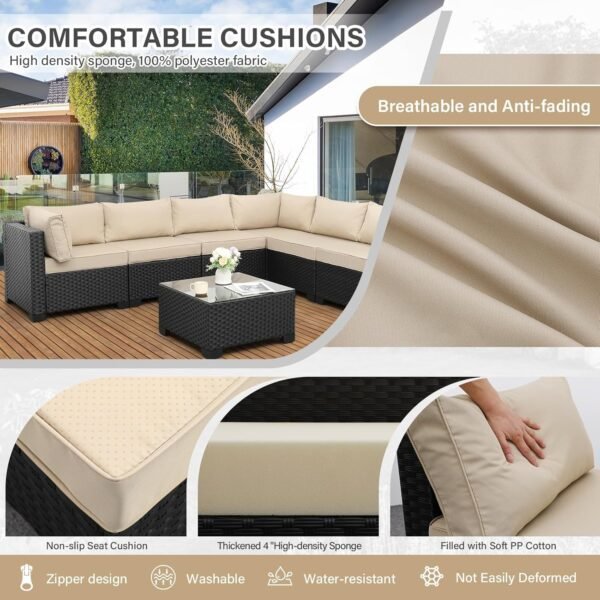 Valita 7 Piece Outdoor PE Wicker Furniture Set, Patio Black Rattan Sectional Sofa Couch with Washable Khaki Cushions… - Image 5