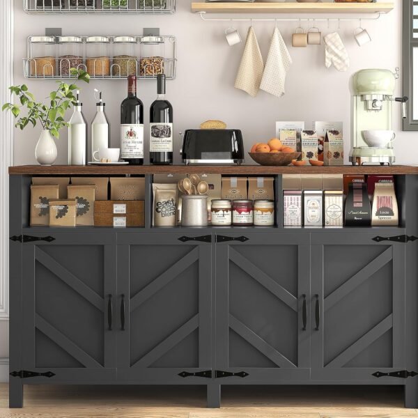 Buffet Sideboard with Storage Farmhouse with 4 Doors, 55'' Large Kitchen Storage Cabinet Wood Coffee Bar Cabinet Buffet Table with Shelves for Kitchen, Dining Room, Entryway (Black, 55 in) - Image 7