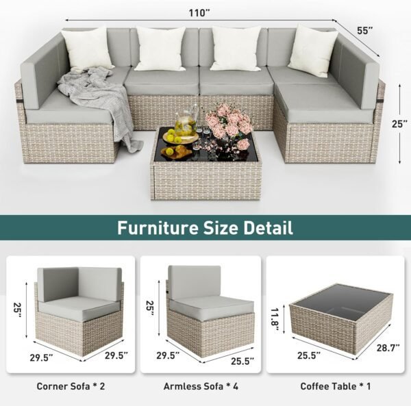 Pamapic 7 Pieces Outdoor Sectional Furniture，Wicker Patio sectional Furniture Sets，All-Weather Rattan Patio Conversation Set with Washable Cushions Covers， Gray Rattan(Gray Cushions) - Image 5