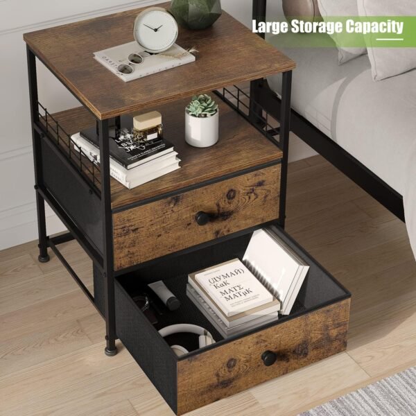 EnHomee Nightstand Set of 2, 17.8" W Bedside Table with Fabric Drawers and Open Wood Shelf Storage, Safety Netting on 2 Sides of Bedside Table,Night Stand for Bedroom,Living Room,Dorm, Rustic Brown - Image 5