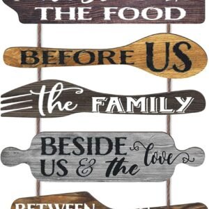 Bless the Food Before Us Farmhouse Kitchen Wall Decor - Dining Room Decorations Collage Wall Art in Neutral Grey Color - Wooden Rustic 6pcs Roped Sign 25x14 Inches Vertical