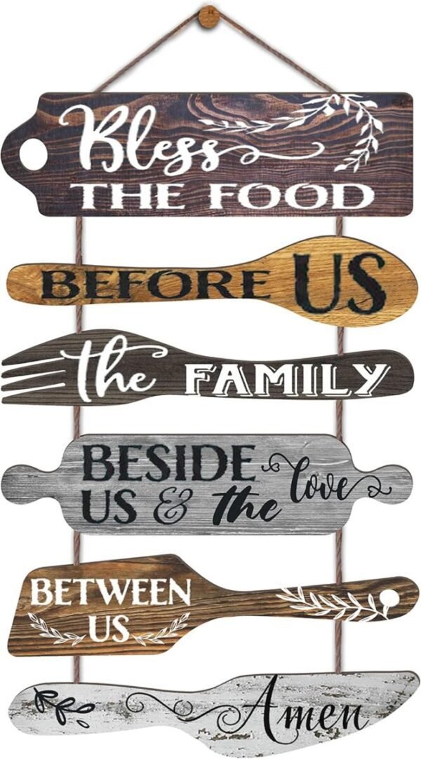 Bless the Food Before Us Farmhouse Kitchen Wall Decor - Dining Room Decorations Collage Wall Art in Neutral Grey Color - Wooden Rustic 6pcs Roped Sign 25x14 Inches Vertical