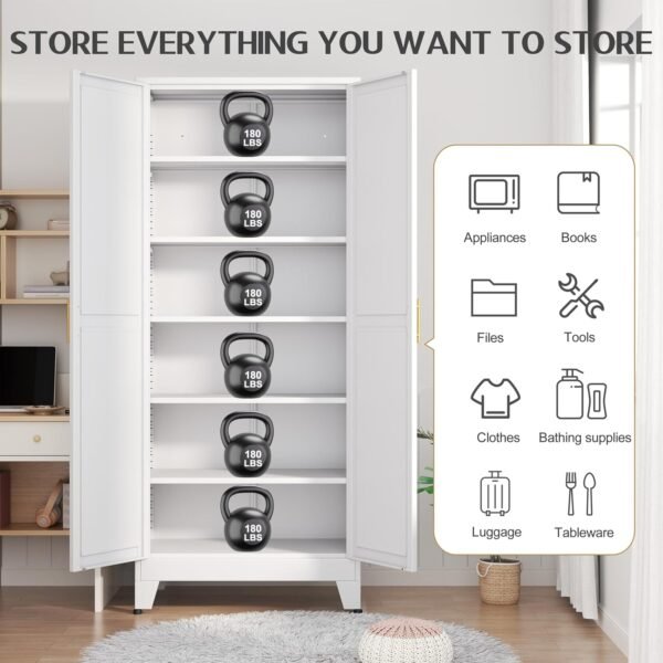 75.2" Tall Pantry Cabinet, Kitchen Pantry Storage Cabinets with 2 Door and 5 Adjustable Shelves, White Metal Pantry Storage Cabinet, Cupboard for Kitchen, Dining Room, Living Room and Bathroom - Image 3