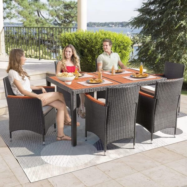 Flamaker 7 Piece Patio Dining Set Outdoor Acacia Wood Table and Chairs with Soft Cushions Wicker Patio Furniture for Deck, Backyard, Garden - Image 2
