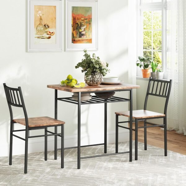 HOMCOM 3-Piece Dining Table Set for 2, Small Kitchen Table and Chairs with Built-in Storage Rack and Steel Frame, for Breakfast Nook and Small Space, Rustic Brown - Image 2