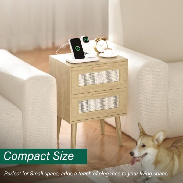 Nightstand with Charging Station,Rattan Night Stand with Solid Wood Legs, Bedside Table with USB Ports & Outlets, End Table for Bedroom (Bohemian, Natural Wood) - Image 6