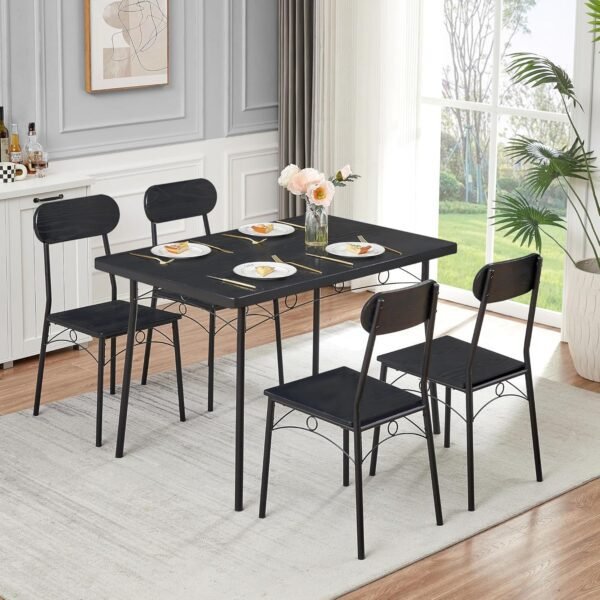 VECELO Dining Table Set for 4, 5 Piece Dinette with Chairs for Kitchen, Breakfast Nook and Small Space, Black - Image 7