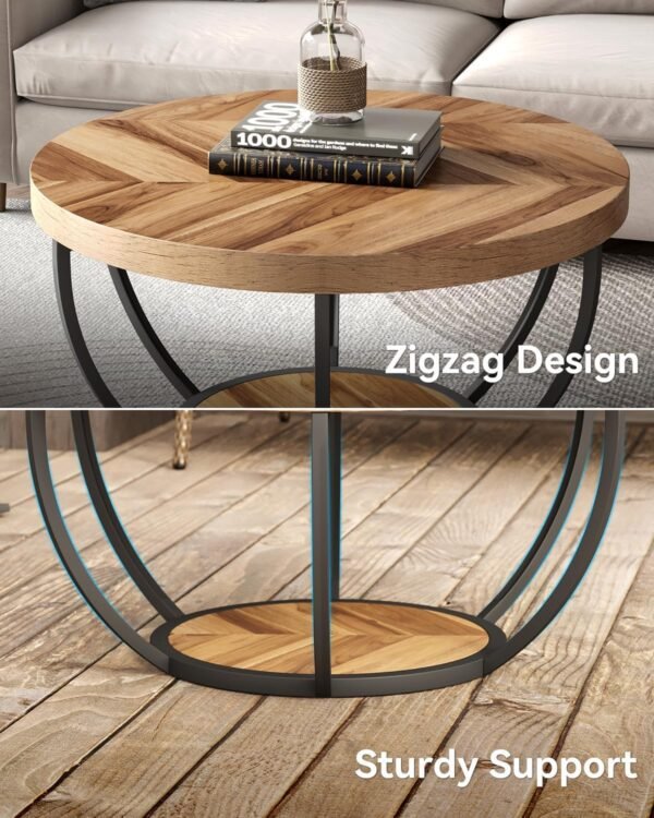 LITTLE TREE Round Coffee Table, 32" Circle Coffee Table for Living Room, 2-Tier Wood Accent Center Table with Open Storage Industrial Design Home Furniture (Wood Grain and Black) - Image 6
