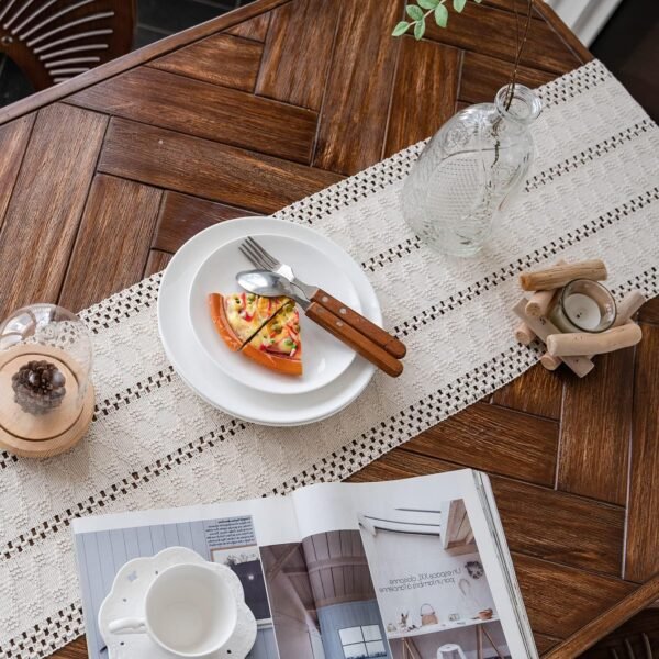 Alynsehom Macrame Table Runner Cream Beige Boho Table Runners with Tassels Hand Woven Cotton Table Runner Rustic Farmhouse Table Runners for Bohemian Kitchen Dining Table(12x71in) - Image 2