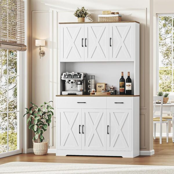 HOSTACK 71" Pantry Cabinet with Charging Station, Tall Kitchen Pantry Storage Cabinet with Microwave Stand, Farmhouse Kitchen Hutch Cabinet with Storage Drawers for Living Room, Dining Room, White - Image 2