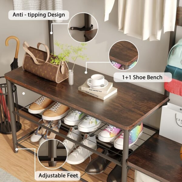CharaVector Hall Tree Coat Rack Shoe Bench, Industrial Design, 3-in-1, Rustic Brown - Image 4