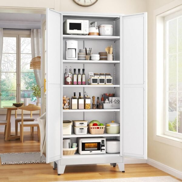 75.2" Tall Pantry Cabinet, Kitchen Pantry Storage Cabinets with 2 Door and 5 Adjustable Shelves, White Metal Pantry Storage Cabinet, Cupboard for Kitchen, Dining Room, Living Room and Bathroom