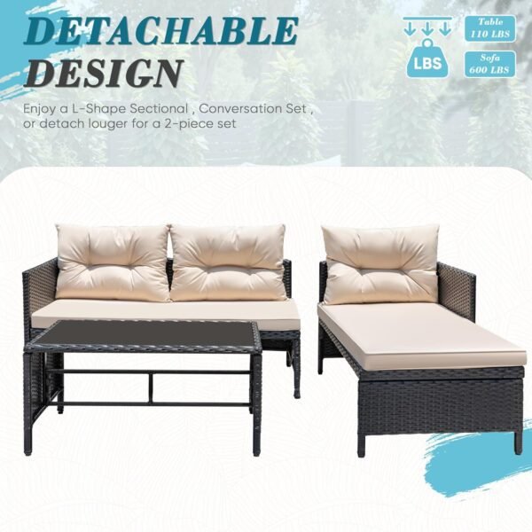Greesum 3 Piece Patio Furniture Set Outdoor Wicker Rattan Sectional Sofa with Cushions & Coffee Table for Yard, Garden, Porch, Poolside, Light Beige - Image 5