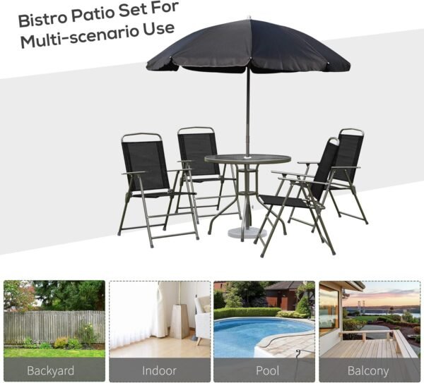 Outsunny 6 Piece Patio Dining Set for 4 with Umbrella, Outdoor Table and Chairs with 4 Folding Dining Chairs & Round Glass Table for Garden, Backyard and Poolside, Black - Image 6