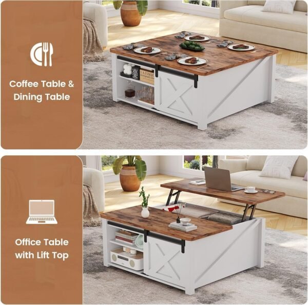 SEDETA 31.5" Lift Top Coffee Table with Storage, Square Coffee Table for Living Room, Farmhouse Coffee Table with Large Hidden Storage Compartment and Adjustable Shelves, White - Image 4