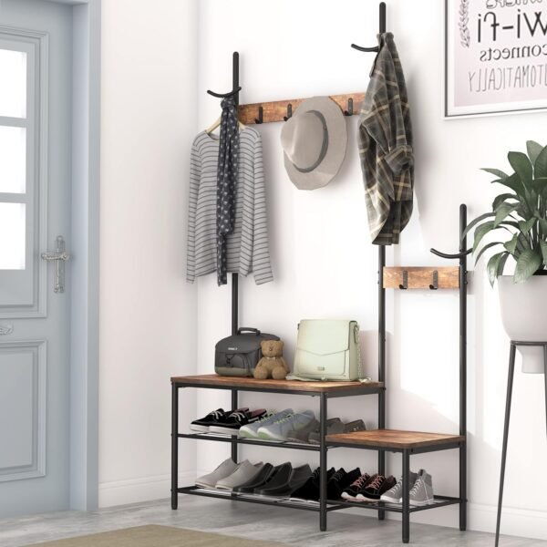 CharaVector Hall Tree Coat Rack Shoe Bench, Industrial Design, 3-in-1, Rustic Brown - Image 8