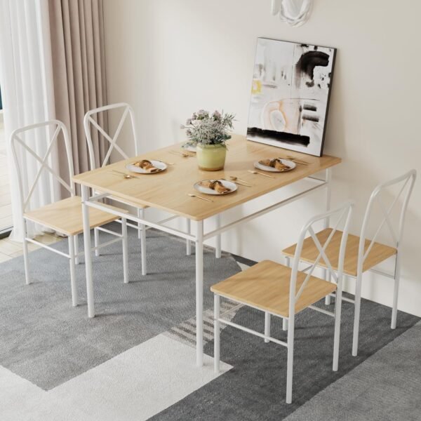 VECELO 5-Piece Kitchen Dining Table Set, Wood Tabletop & Heavy-Duty Metel Frame, Rectangle Dinette with 4 Chairs for Small Space, Breakfast Nook, Natural & White - Image 7