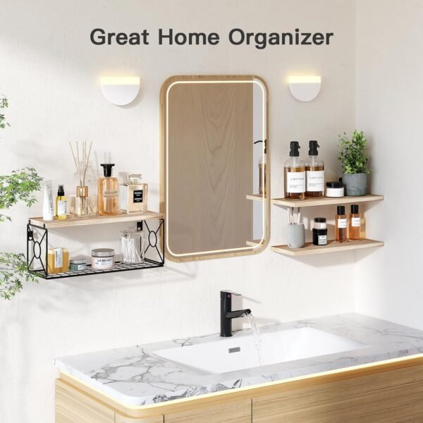Amada Bathroom Shelves Over Toilet with Storage Basket, Floating Shelves Wall Shelves for Home Organization & Wall Decor, Bathroom/Kitchen/Living Room Shelves–Natural Wood - Image 6