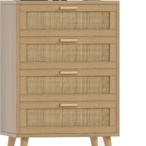 Rovaurx 4 Drawer Dresser for Bedroom, Rattan Chest of Dressers with Charging Station, Modern Dresser Chest with Golden Handles, Beside Table for Closet, Living Room and Entryway, Natural RDG008ME