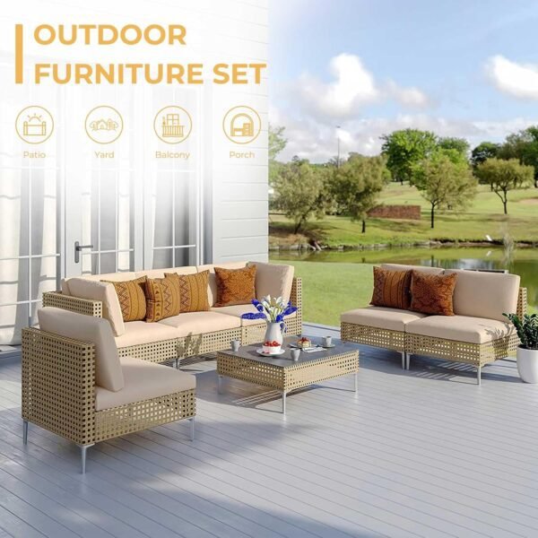 Grand patio 7-Piece Wicker Patio Furniture Set, Boho Outdoor Conversation Set Sectional Sofa with Water Resistant Thick Cushions and Coffee Table, Beige - Image 4
