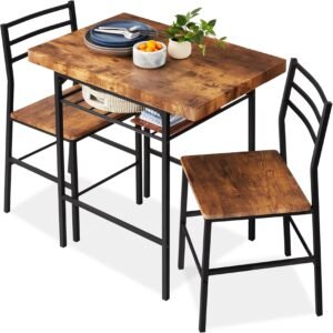 Best Choice Products 3-Piece Modern Dining Set, Space Saving Dinette for Kitchen, Dining Room, Small Space w/Steel Frame, Built-in Storage Rack - Brown
