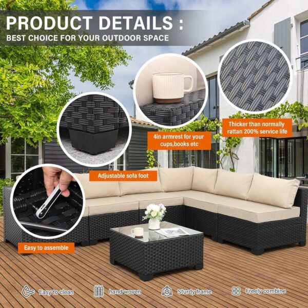 Valita 7 Piece Outdoor PE Wicker Furniture Set, Patio Black Rattan Sectional Sofa Couch with Washable Khaki Cushions… - Image 4