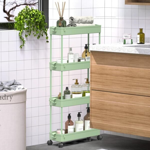 SPACEKEEPER Slim Rolling Storage Cart 4 Tier Bathroom Organizer Utility Cart Mobile Shelving Unit Tower Rack for Kitchen, Laundry Room, Bathroom, Narrow Places, Green - Image 6