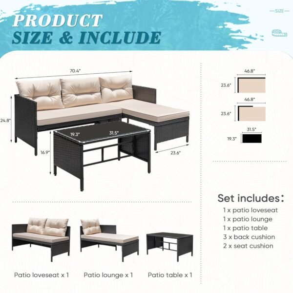 Greesum 3 Piece Patio Furniture Set Outdoor Wicker Rattan Sectional Sofa with Cushions & Coffee Table for Yard, Garden, Porch, Poolside, Light Beige - Image 4