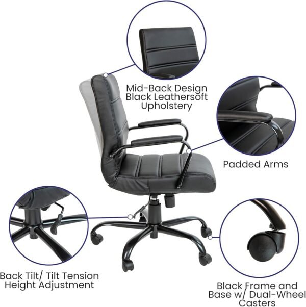 Flash Furniture Whitney Mid-Back Swivel LeatherSoft Desk Chair with Padded Seat and Armrests, Adjustable Height Padded Office Chair, Black - Image 4