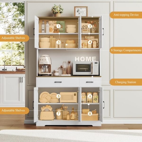 HOSTACK 71" Pantry Cabinet with Charging Station, Tall Kitchen Pantry Storage Cabinet with Microwave Stand, Farmhouse Kitchen Hutch Cabinet with Storage Drawers for Living Room, Dining Room, White - Image 5