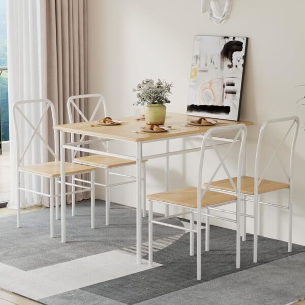 VECELO 5-Piece Kitchen Dining Table Set, Wood Tabletop & Heavy-Duty Metel Frame, Rectangle Dinette with 4 Chairs for Small Space, Breakfast Nook, Natural & White