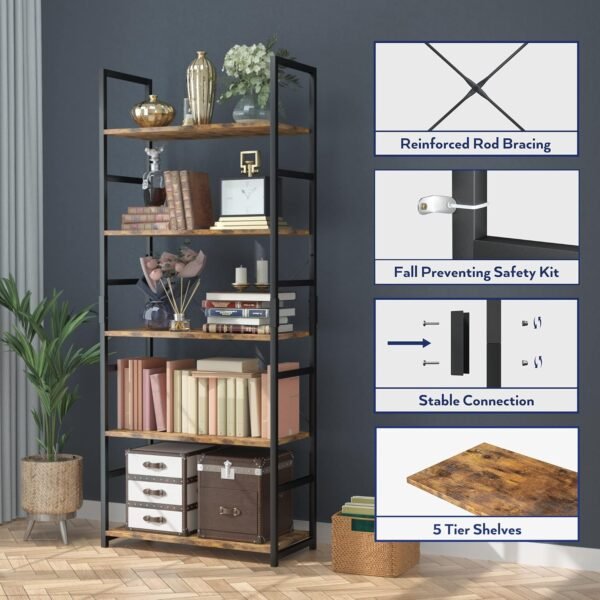 NUMENN 5 Tier Bookshelf, Tall Bookcase Shelf Storage Organizer, Modern Book Shelf for Bedroom, Living Room and Home Office, Vintage - Image 5