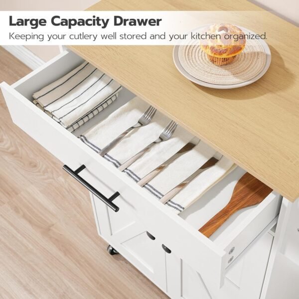 HOOBRO Kitchen Island with Power Outlet, Kitchen Storage Island with Large Worktop, Spice Rack and Drawer, Rolling Kitchen Cart on Wheels, for Kitchen and Dining Room, White and Natural - Image 9
