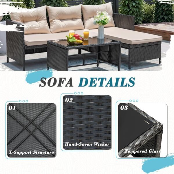 Greesum 3 Piece Patio Furniture Set Outdoor Wicker Rattan Sectional Sofa with Cushions & Coffee Table for Yard, Garden, Porch, Poolside, Light Beige - Image 7