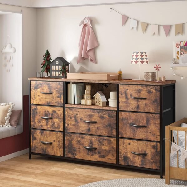 Dresser for Bedroom with Power Outlets, 55" TV Stand Dresser with 8 Drawers, Fabric Dressers & Chest of Drawers for Living Room, Entryway, Rustic Brown - Image 2
