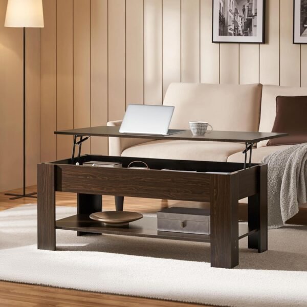 Yaheetech Lift Top Coffee Table with Hidden Compartment and Storage Shelf, Rising Tabletop Dining Table for Living Room Reception Room, 47.5in L, Espresso - Image 2
