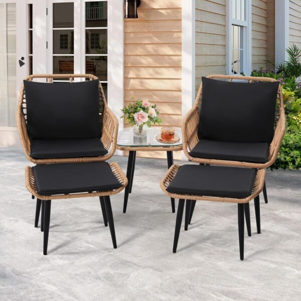 5 Piece Wicker Bistro Patio Conversation Furniture Set, Includes 2 Chairs, 2 Ottomans, and Side Table, Ideal for Porch, Balcony, Deck, Backyard, Natural - Image 2