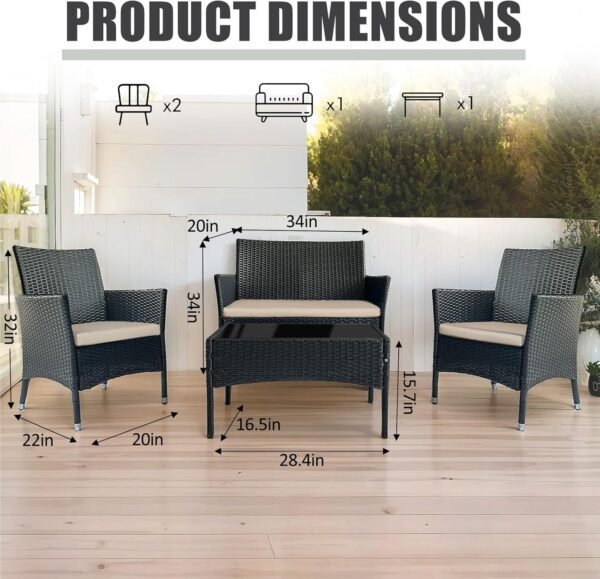 4 Piece Patio Furniture Set, Outdoor Patio Furniture Set with Soft Cushion and Glass Table Rattan Patio Chairs Conversation Sets with Sofa for Porch, Balconies, Lawns (Black and Beige) - Image 2
