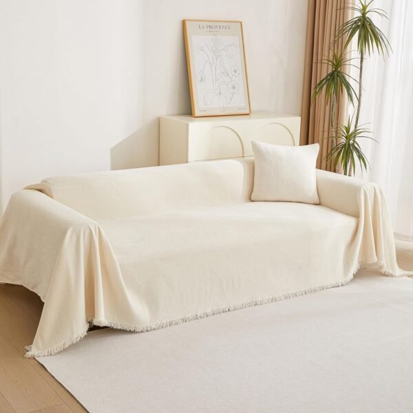 MYSKY HOME Boho Couch Cover Beige Sofa Covers with White Tassel Farmhouse Sofa Slipcover Simple Couch Protector for Dogs Chenille Sectional Couch Covers L Shaped Couch Cushion Covers, 91"x 134" - Image 8