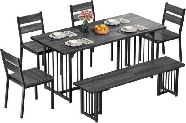 DWVO 6-Piece Dining Table Set for 6-8 People 63 Inch Kitchen Table Set with 2 Benches and 2 Chairs Farmhouse Rectangular Dining Room Table Set for Kitchen Dining Room Apartment Dark Grey - Image 7