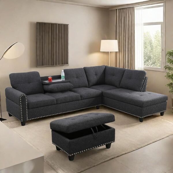 L Shaped Sectional Couches, Modular Sectional Sofa with Ottoman Storage, Nail-Head Design Lounge Sofa with Reversible Cup Holder for Living Room, Bedroom, Gray - Image 3
