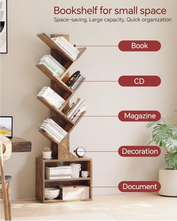 SUNMORY 6 Tier Tree Bookshelf, Small Bookcase with Storage Cabinet, Modern Tall Narrow Bookshelves Organizer, Floor Standing Book Shelf for Bedroom/Living Room/Home Office/Corner, Rustic Brown - Image 7