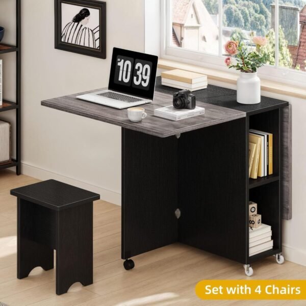 DWVO 5 Pieces Folding Extendable Dining Table Set with 4 Chairs for 4 Peoples 55 Inches Drop Leaf Wood Kitchen Dining Room Table Set with Storage and 6 Wheels for Small Space Saving, Grey Oak - Image 6