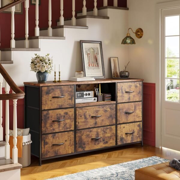 Dresser for Bedroom with Power Outlets, 55" TV Stand Dresser with 8 Drawers, Fabric Dressers & Chest of Drawers for Living Room, Entryway, Rustic Brown - Image 9