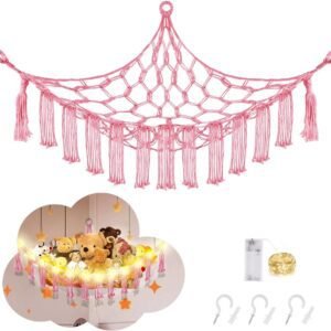 Stuffed Animal Hammock with LED Light, Toy Hammock for Stuffed Animals Storage for Kids Room Decor, Stuffed Animal Hammock Corner, Pink