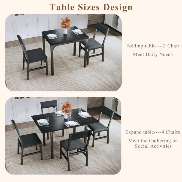 Dining Table Set for 4, Extendable Kitchen Table Cushion Chairs Set of 4, Rectangle Dining Table with Metal Frame & MDF Board, Folding for Small Apartment Saving Space, Black - Image 3
