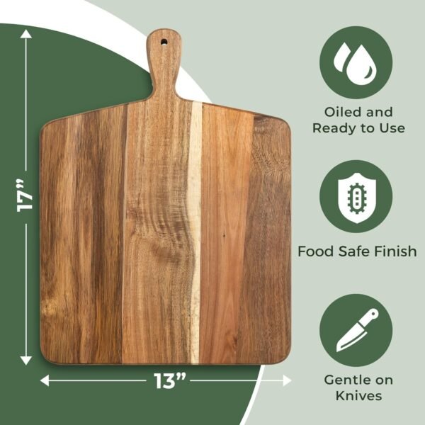 Acacia Wood Cutting Board and Chopping Board with Handle for Meat, Cheese Board, Vegetables, Bread, and Charcuterie - Decorative Wooden Serving Board for Kitchen and Dining Room, Large 17” x 13” - Image 3