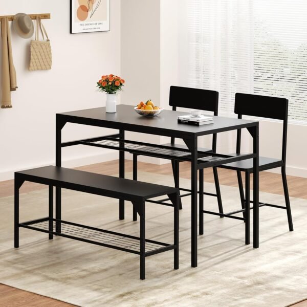 Shintenchi Kitchen Table Chairs Set of 4, Dining Table Set for 4 with Bench and Chairs, 4 Pieces Kitchen Table Set with Storage Rack & Metal Frame for Small Space, Black - Image 2