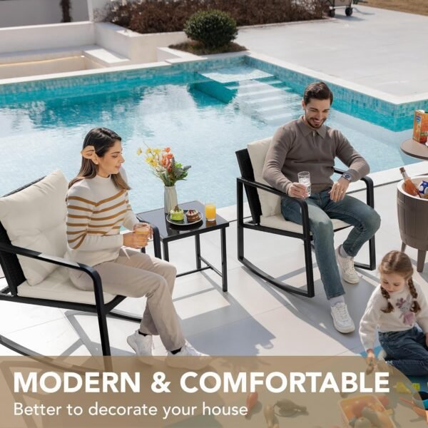 Devoko 3 Piece Rocking Bistro Set Wicker Patio Outdoor Furniture Porch Chairs Conversation Sets with Glass Coffee Table (Beige) - Image 7